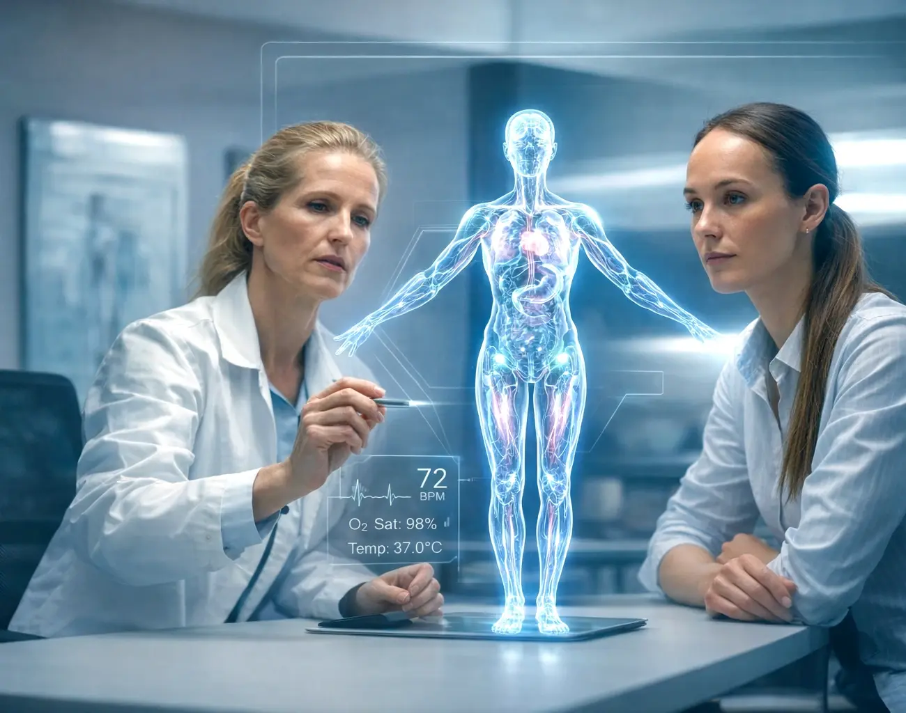 Expert reviewing physiological data on large screen with client