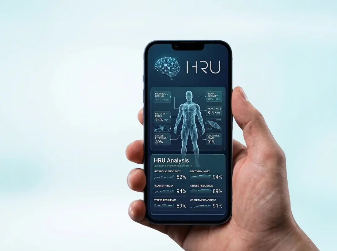 Hand holding phone displaying the HRU app dashboard